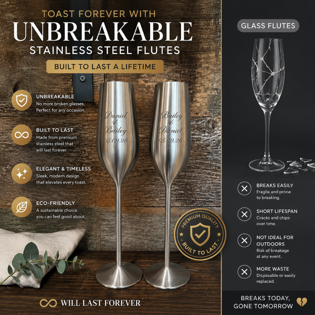Unbreakable stainless steel flutes with promotional text on a wooden background
