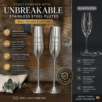 Unbreakable stainless steel flutes with promotional text on a wooden background