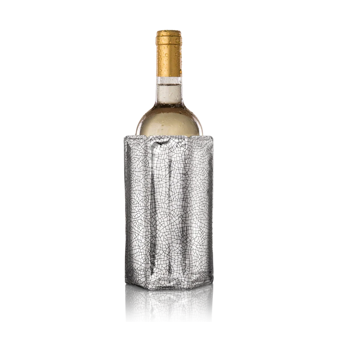A silver wine bottle sleeve with a crackled metallic texture, shown on a white wine bottle with a gold foil cap against a white background.