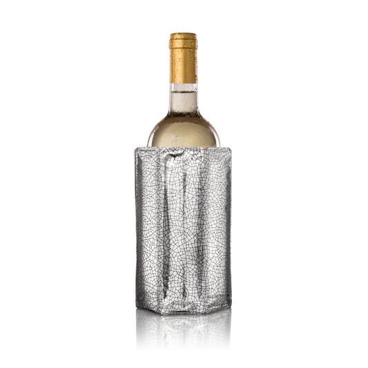 A silver wine bottle sleeve with a crackled metallic texture, shown on a white wine bottle with a gold foil cap against a white background.