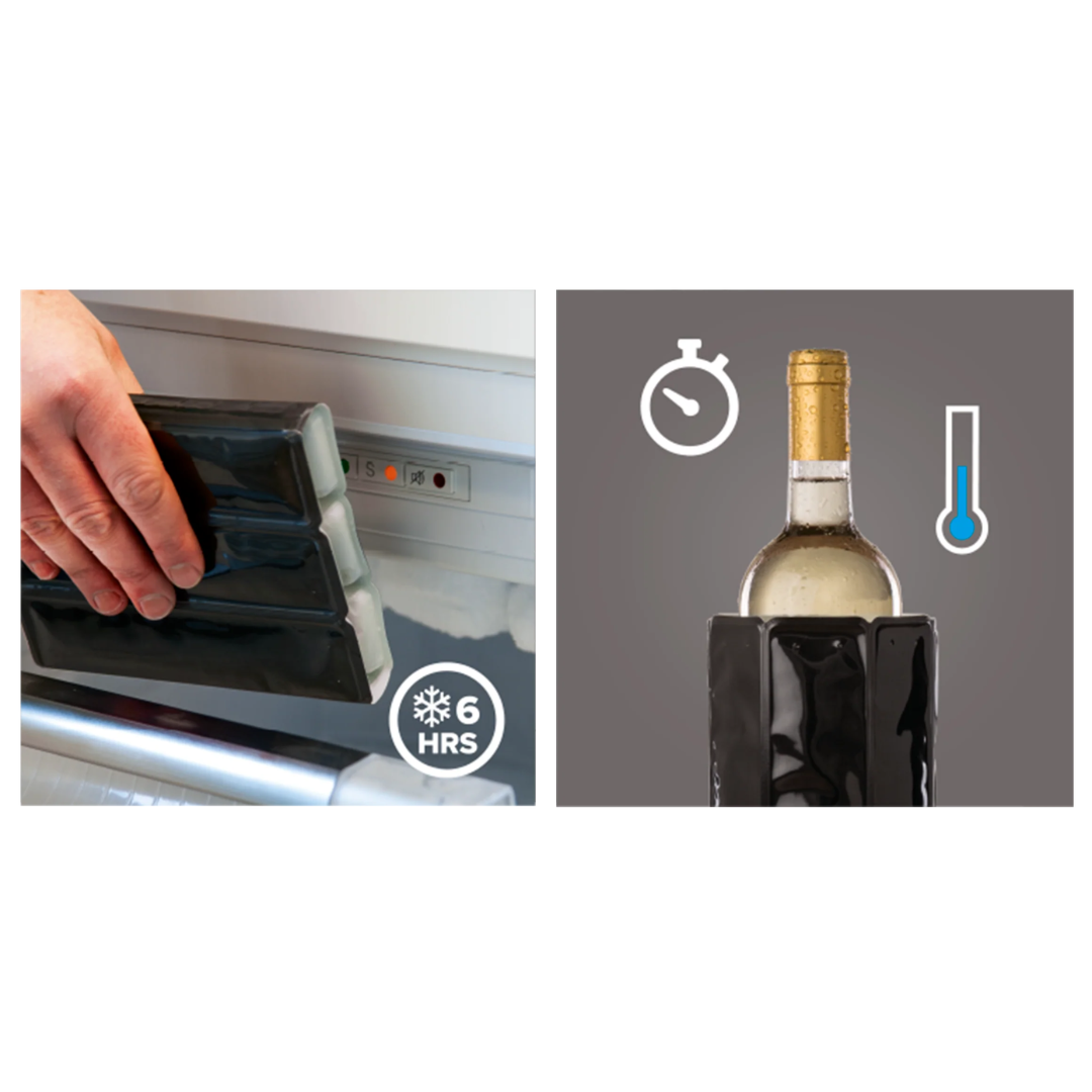 Collage showing a hand using a device, a timer icon, and a wine bottle with a thermometer icon.
