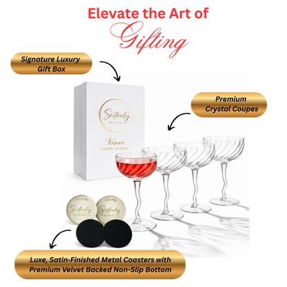 Coupe glasses with a gift box, coasters, and text about gifting on a white background