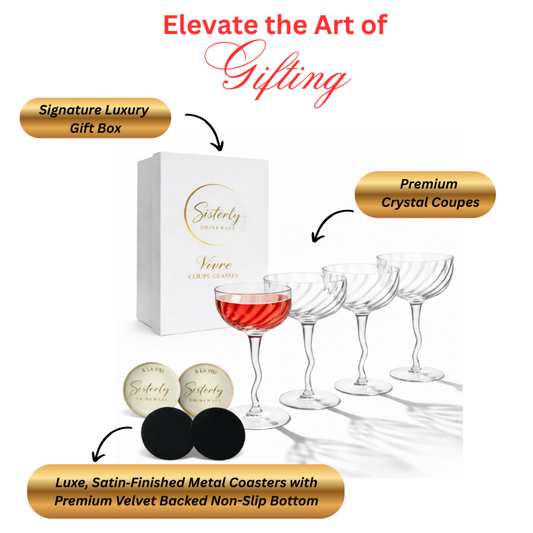 Coupe glasses with a gift box, coasters, and text about gifting on a white background