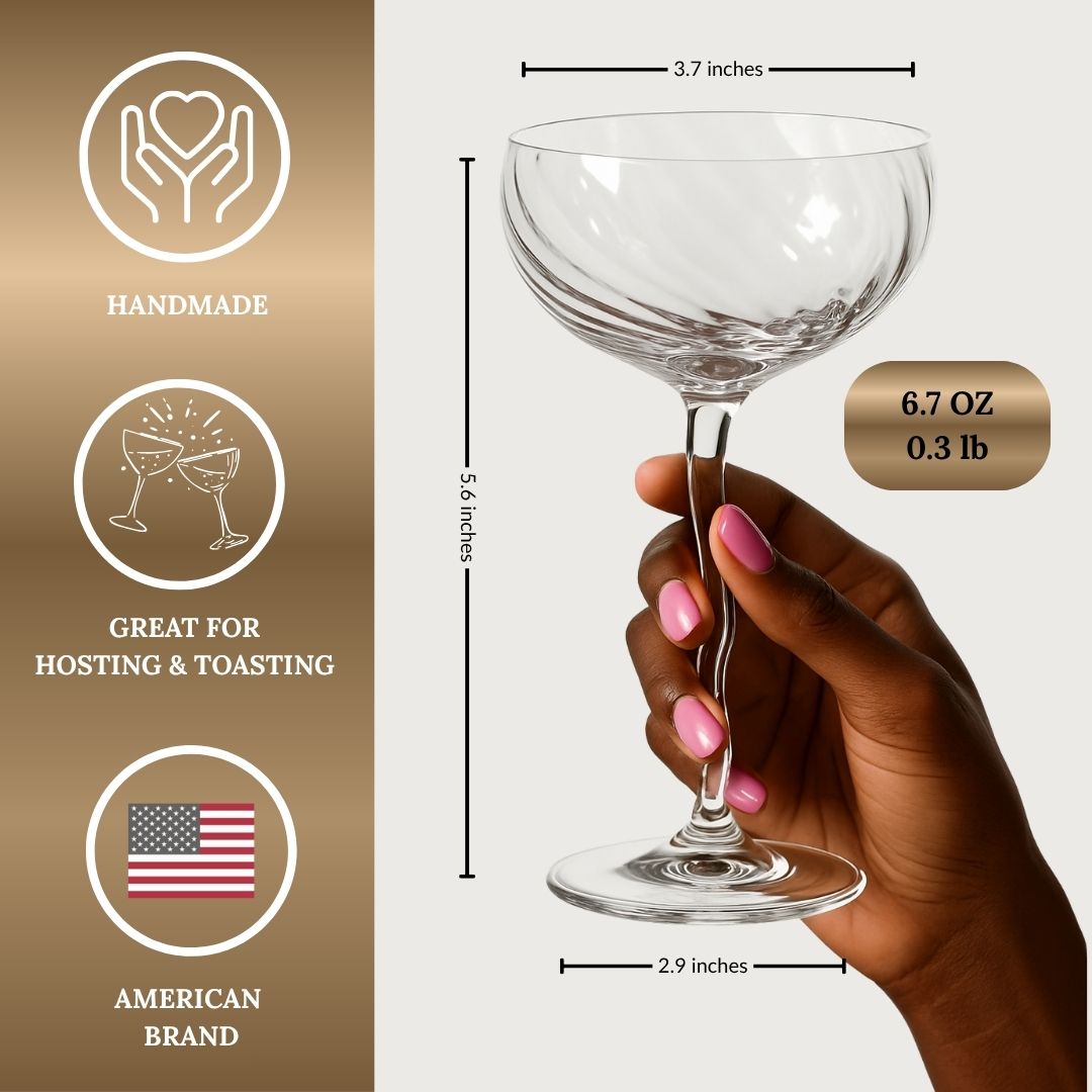 Coupe glass held by a hand with measurements and product details on a beige background