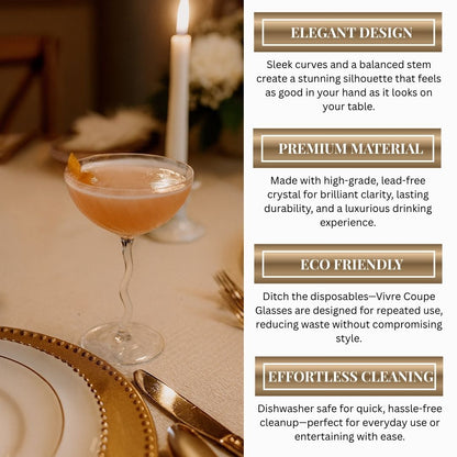 Cocktail glass on a table with promotional text about the product's features.