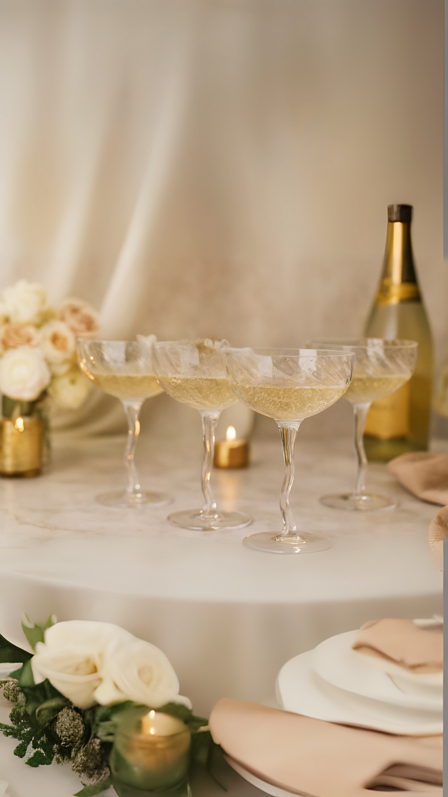 Vivre Coupe glasses with champagne on a table with candles and flowers
