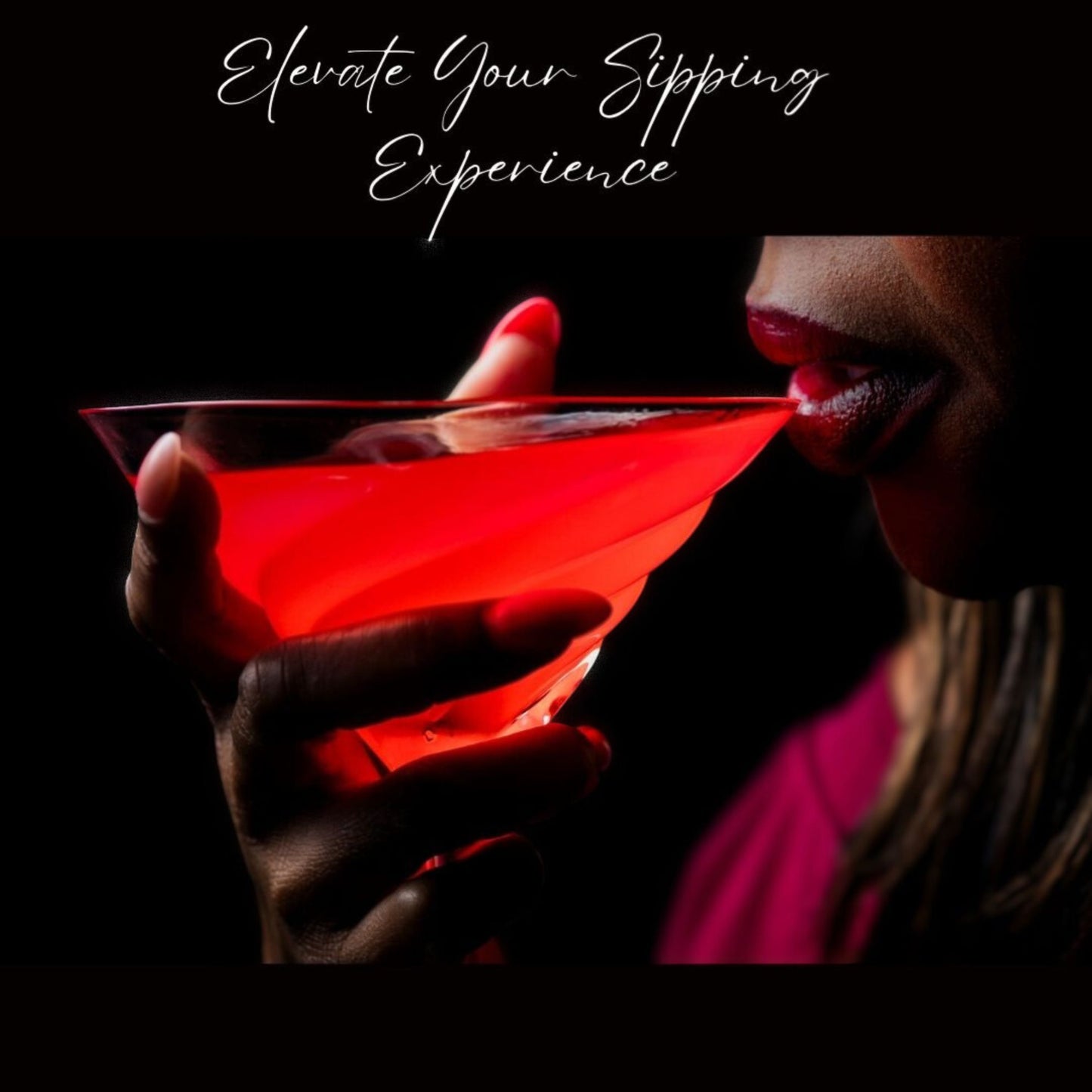 Person holding a red cocktail with text 'Elevate Your Sipping Experience' on a dark background