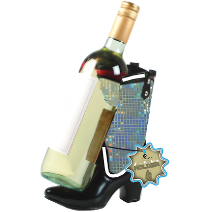 Wine bottle holder shaped like a black high-heeled shoe with a disco ball effect.