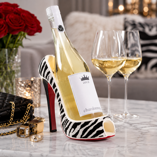 A novelty wine bottle shaped like a high-heeled shoe with a zebra print upper, white peep toe, red sole, and a wine label reading 'chardonnay 2012', styled on a marble table with two filled white wine glasses, red roses, and a black quilted handbag in a living room setting.