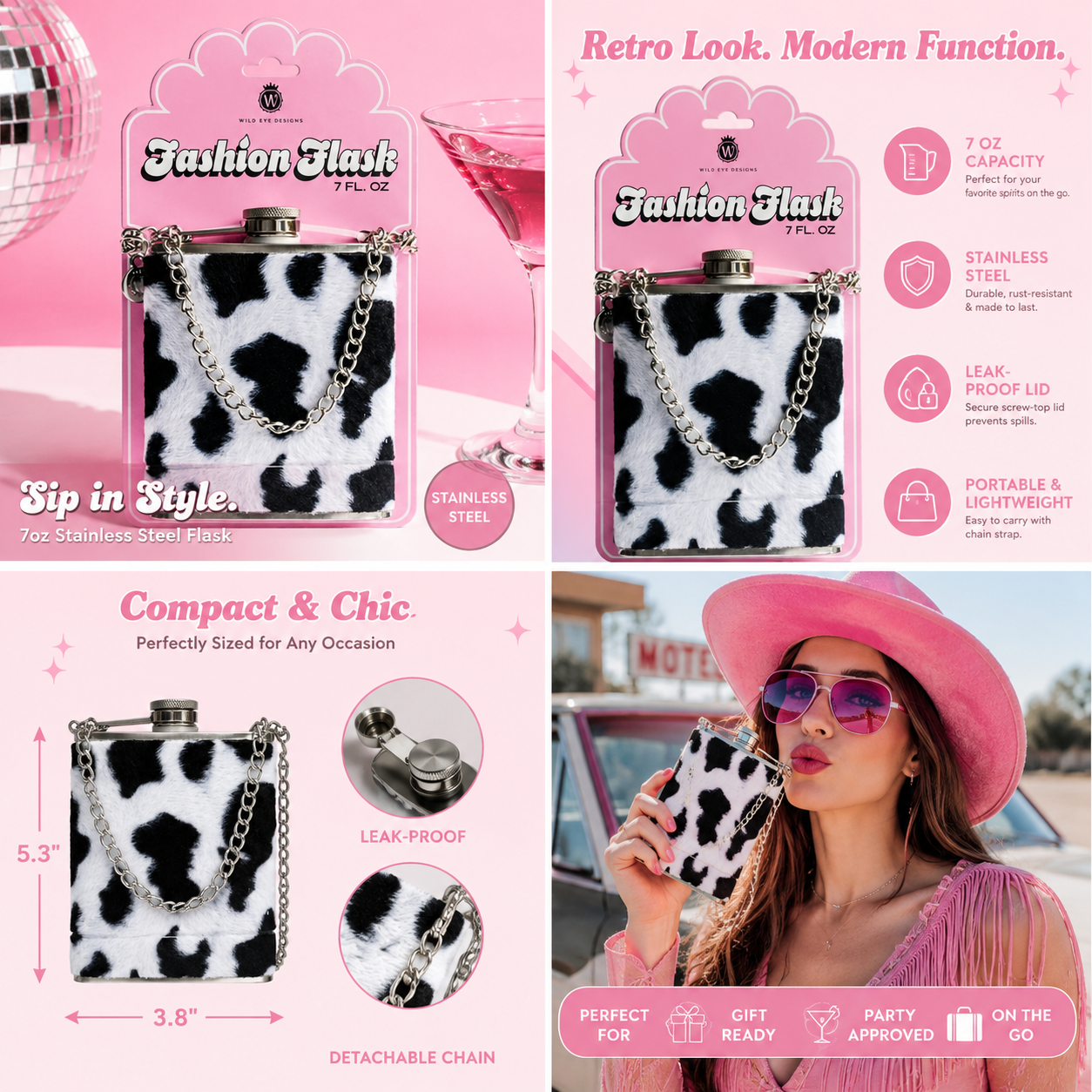 Fashion Flask, Silver, Cowhide