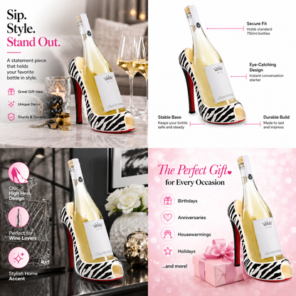 A four-panel promotional collage showing a novelty high-heeled shoe designed to look like a champagne bottle, with text callouts and gift-themed backgrounds.