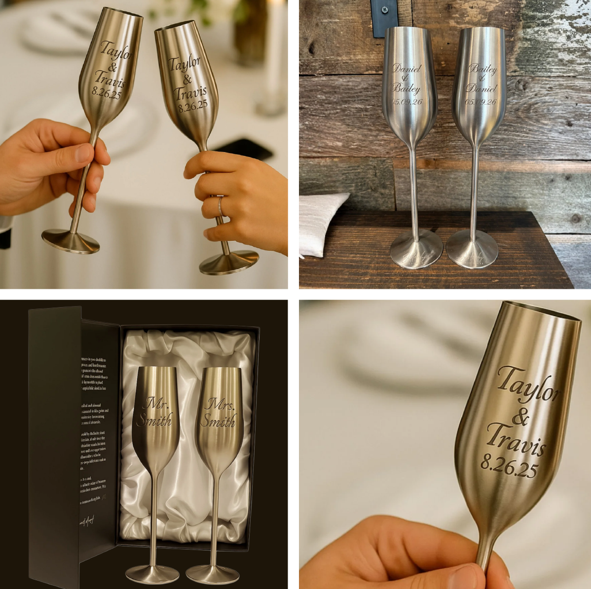 Collage of silver champagne flutes with engraved names and date, held by hands and displayed in packaging.