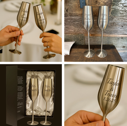 Collage of silver champagne flutes with engraved names and date, held by hands and displayed in packaging.